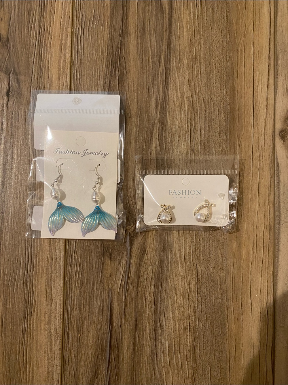 Mermaid tail/pearl diamond earrings LOT OF TWO